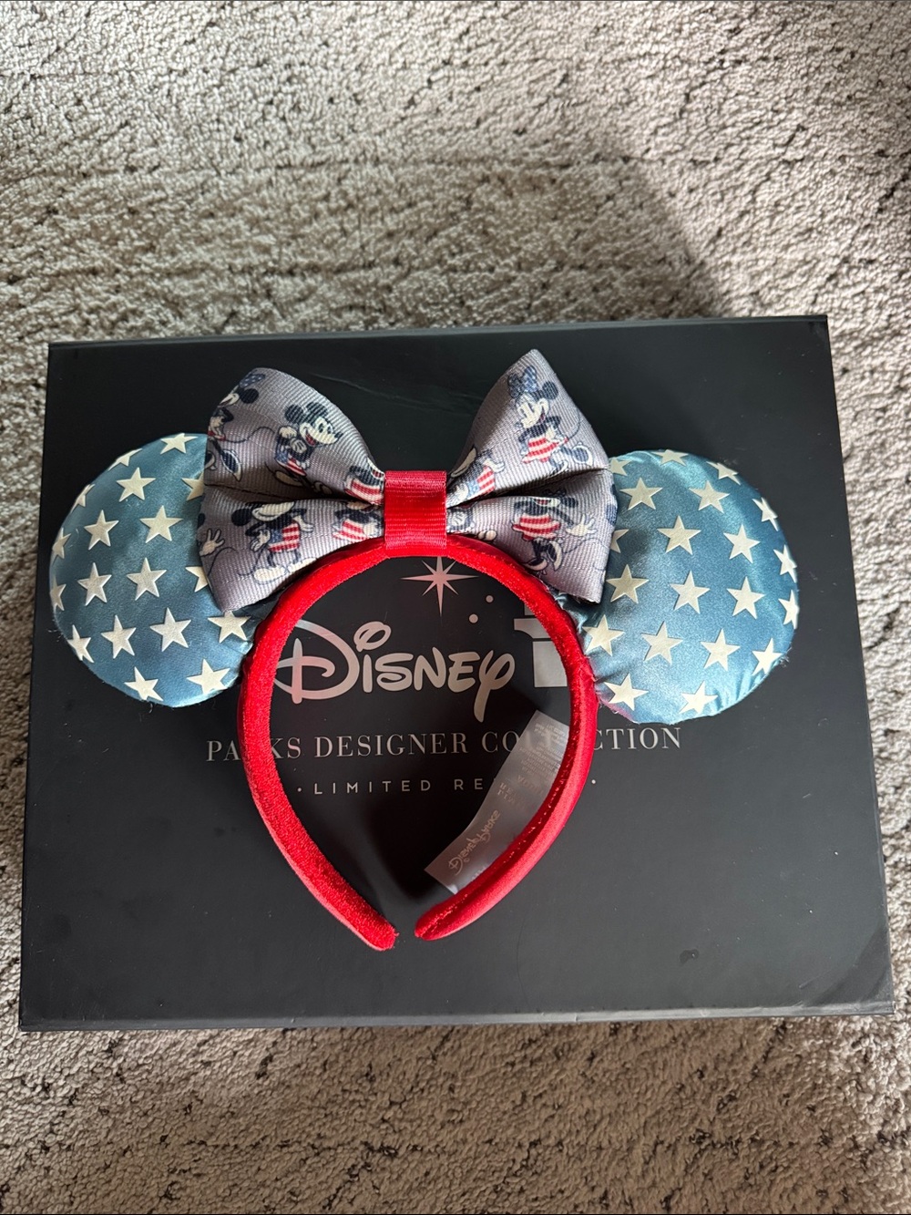 Disney limited  Red Headband with Star-Spangled Blue Ears and Grey Mickey Bow